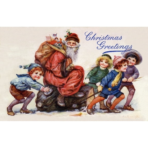 Santa On Yule Log With Children Poster Print By Mary Evans Picture Librarypeter & Dawn Cope Collection