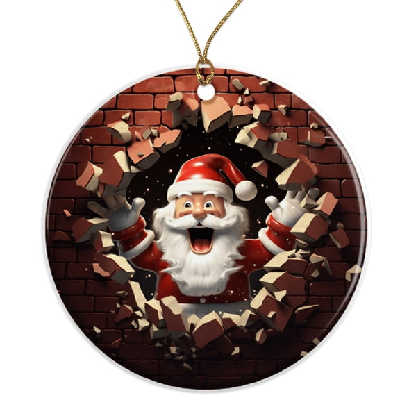 Santa Ornament - Breaking Wall Christmas Ornament - Unique Holiday Decor - Festive Santa Claus Decoration Ceramic Ornament - 3 Inch Christmas Tree Round Ornament - Xmas Holiday Decor ORNW0239