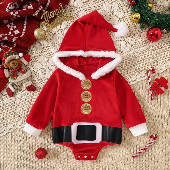 Santa Outfit Toddler Girl Long Sleeve Santa Hooded Bodysuit Holiday Party Dress Babys First Christmas Outfit Girl 12-18 Months