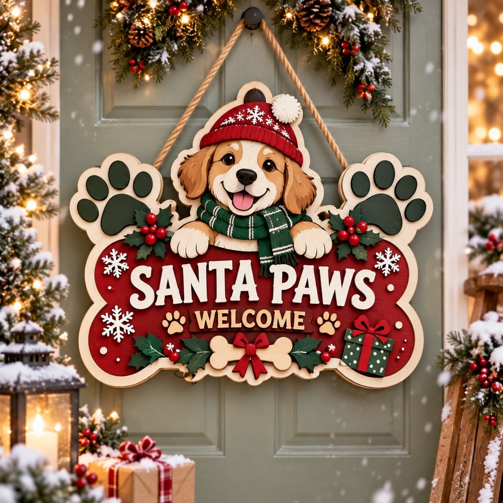 Santa Paws Christmas Wooden Sign, Dog Lover Front Door Welcome ...