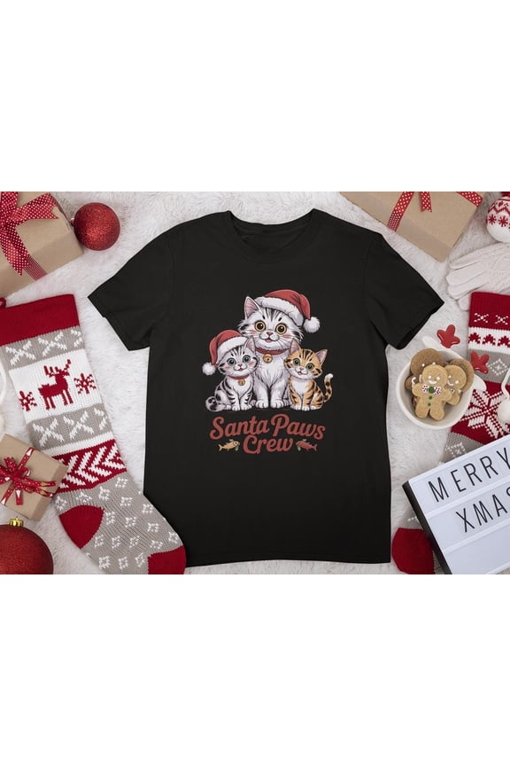 Santa Paws Crew Cats Mom Family Merry Christmas Shirt Top , Retro Matching Xmas Tee