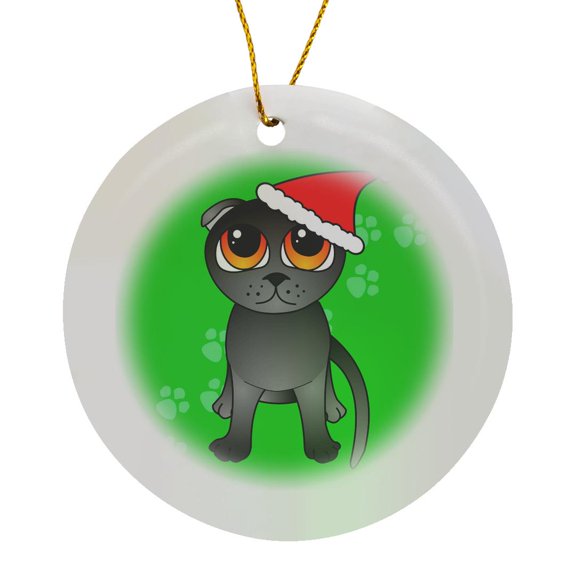 3drose, Santa Paws Cute Grey Scottish Fold Cat - Green, Circle Porcelain Ornament