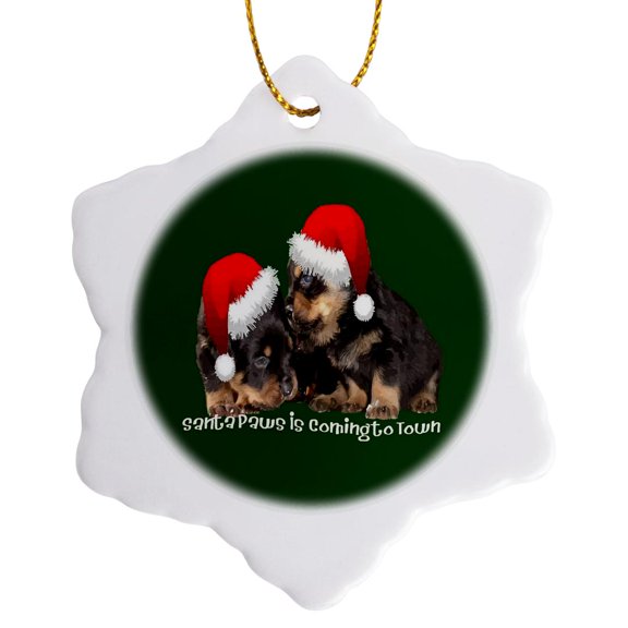 3drose, Santa Paws Is Coming to Town Cute Rottweiler Xmas, 3 inch Snowflake Porcelain Ornament
