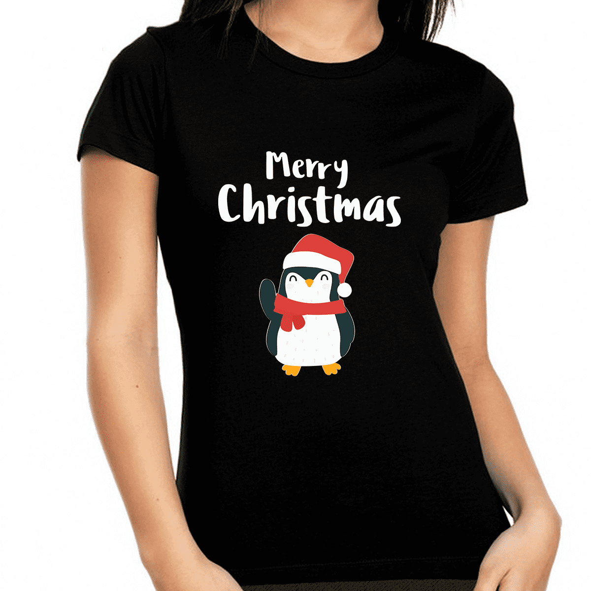 Santa Penguin Christmas Shirts for Women Funny Christmas T Shirts for