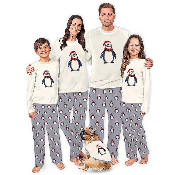 Santa Penguin Matching Family Christmas Pajamas, Family And Dog Holiday PJs, Plus Sizes, With Pockets