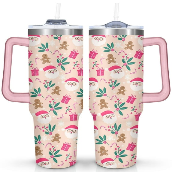 Santa Pink Hat Gifts Gingerbread Men 40 Oz Tumbler with Handle Lid and Straw Stainless Steel Double Walled Vacuum Insulated Cup Merry Christmas Gifts Tumbler for Women Men Friends Outdoor Indoor