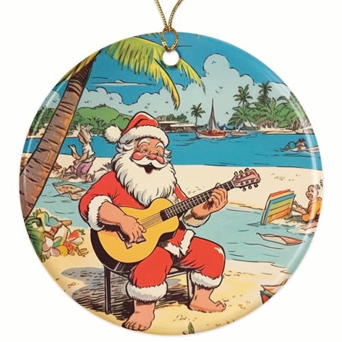 Santa Playing Guitar On The Beach Hawaii Christmas Ornament - Festive Holiday Decor - 2.8" Round - Gold String Included - UV Printed Design - Choose from Over 140 Designs - BMCO0384