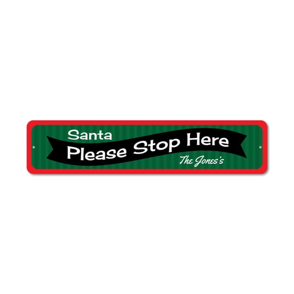 Santa Please Stop Here Sign, Custom Merry Christmas Sign, Christmas Decor, Family Name Sign, Holiday Aluminum Sign - 4x18 inches