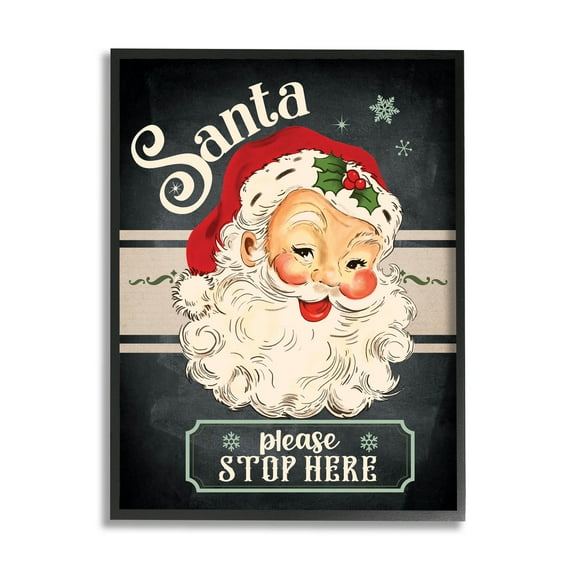 Santa Please Stop Here Vintage Smiling Holiday Graphic Art Black Framed Art Print Wall Art