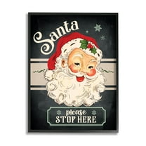 Santa Please Stop Here Vintage Smiling Holiday Graphic Art Black Framed Art Print Wall Art