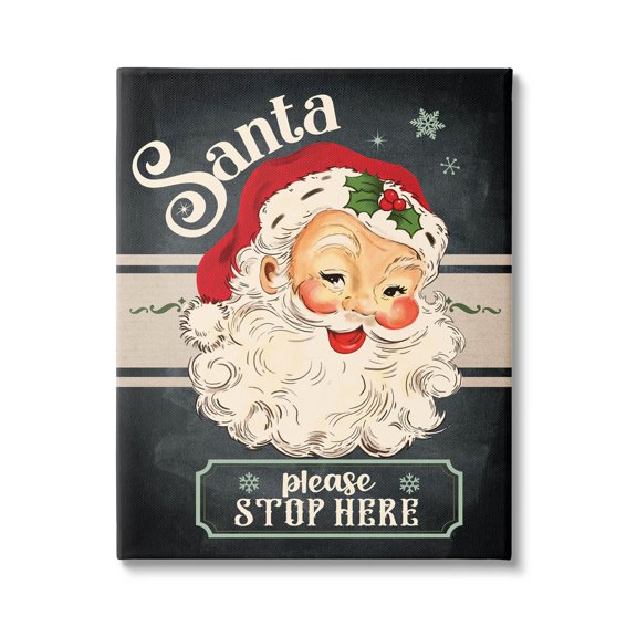 Santa Please Stop Here Vintage Smiling Holiday Graphic Art Gallery Wrapped Canvas Print Wall Art