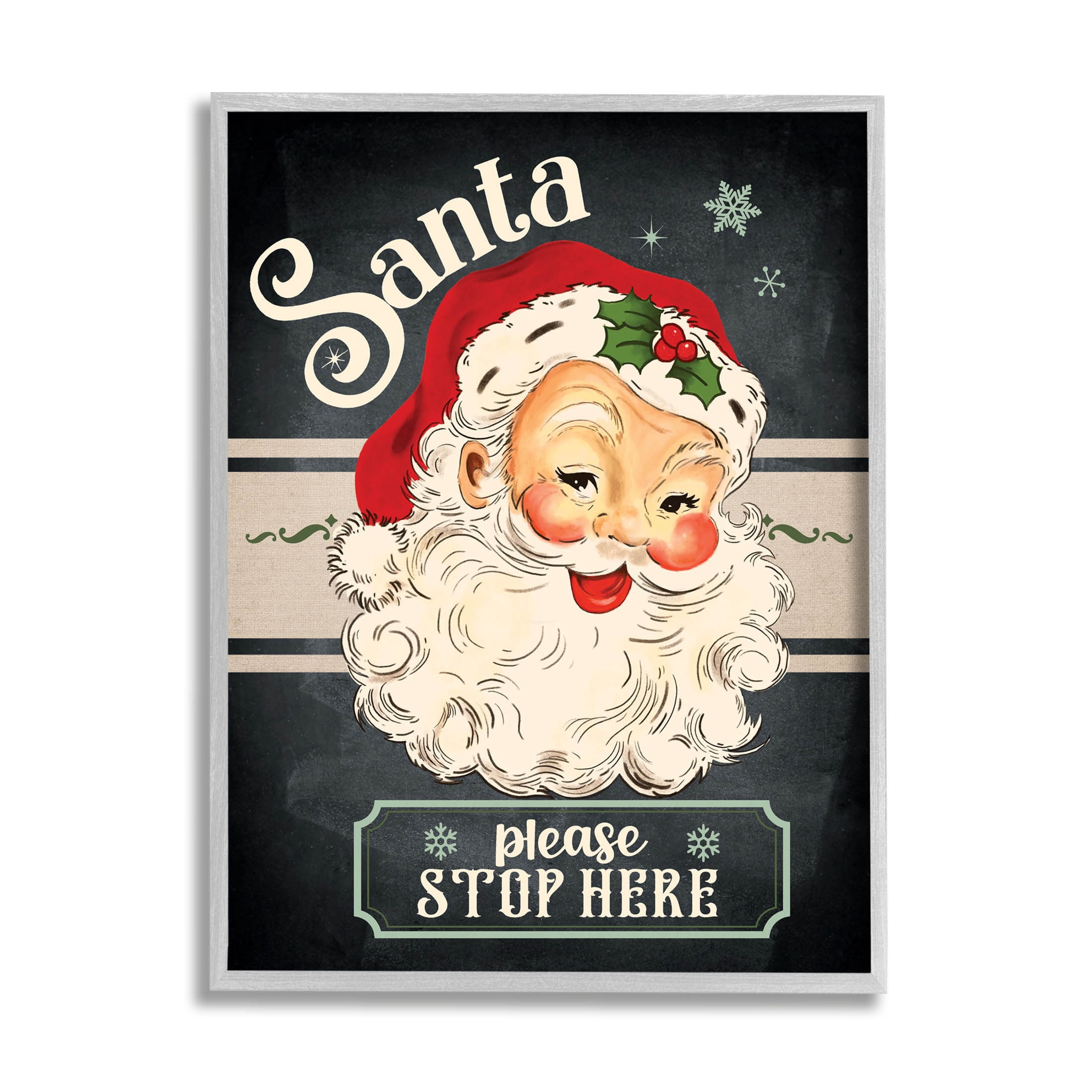 Santa Please Stop Here Vintage Smiling Holiday Graphic Art Gray Framed Art Print Wall Art