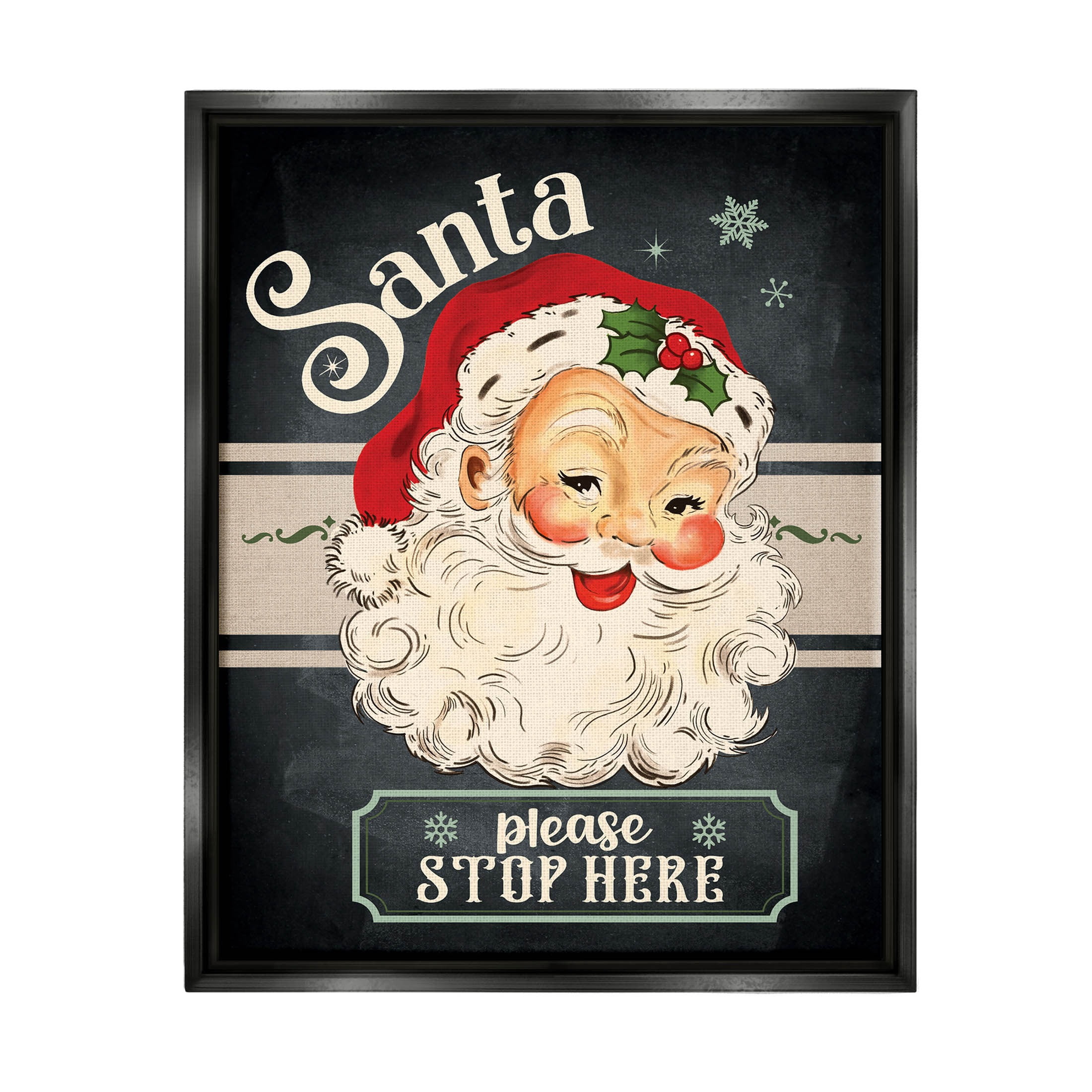 Santa Please Stop Here Vintage Smiling Holiday Graphic Art Jet Black Framed Art Print Wall Art