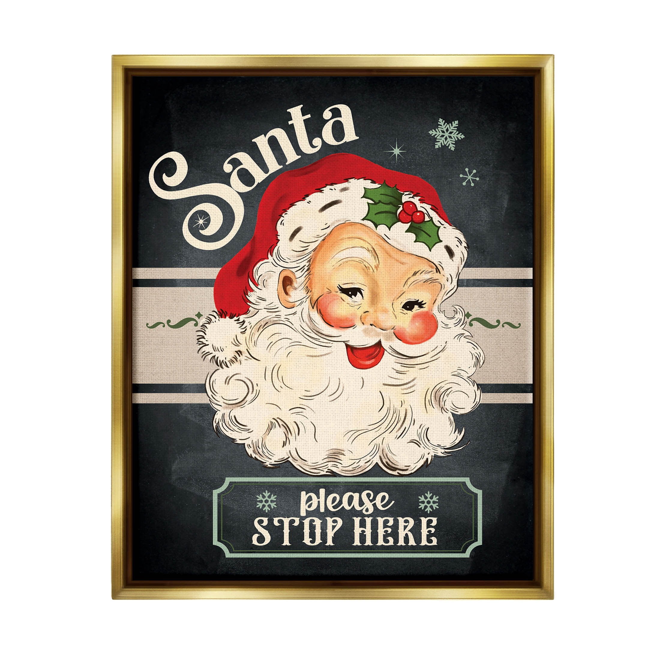 Santa Please Stop Here Vintage Smiling Holiday Graphic Art Metallic Gold Framed Art Print Wall Art