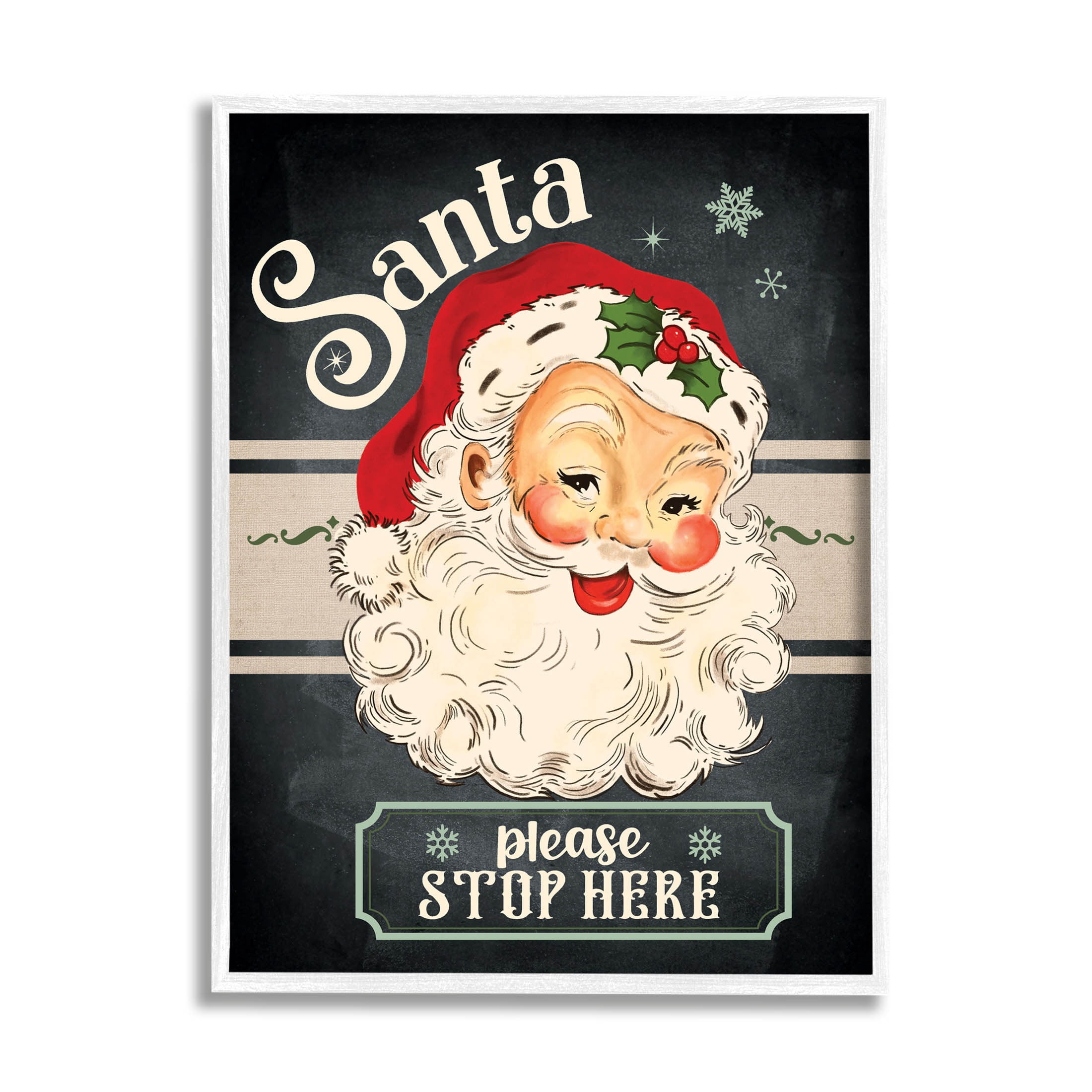 Santa Please Stop Here Vintage Smiling Holiday Graphic Art White Framed Art Print Wall Art