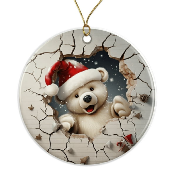 Santa Polar Bear Christmas Ornament - Festive Bear Decor - Holiday Wall Break Through - Cute Animal Gift - Decorative Ornament Ceramic Ornament - 3 Inch Christmas Tree Round Ornament ORNW0210