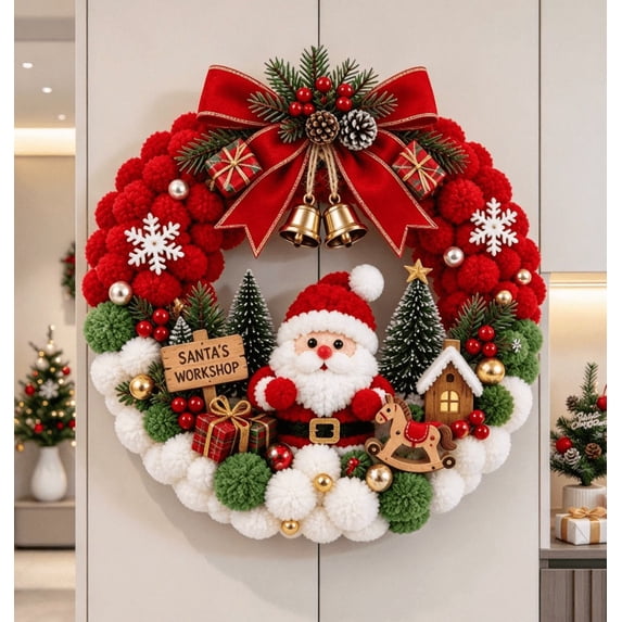 Santa Pom Pom Christmas Wreath, Festive Red White Plush Ball Wreath, Santa Centerpiece with Gift & Rocking Horse Details, Holiday Home Mantel Decor