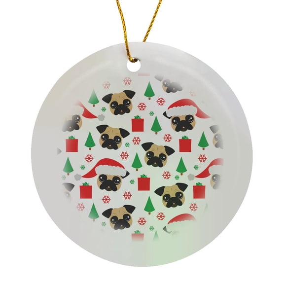3drose, Santa Pug Christmas Pattern, Circle Porcelain Ornament