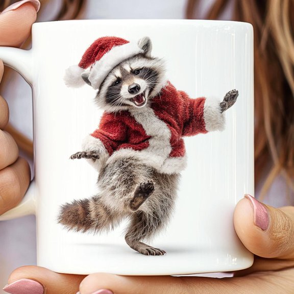 Santa Raccoon Dancing Ceramic Mug, Christmas Coffee Cup, Holiday Tea Mug, Cute Animal Drinkware, Festive Office Gift, Funny Xmas Cocoa Mug