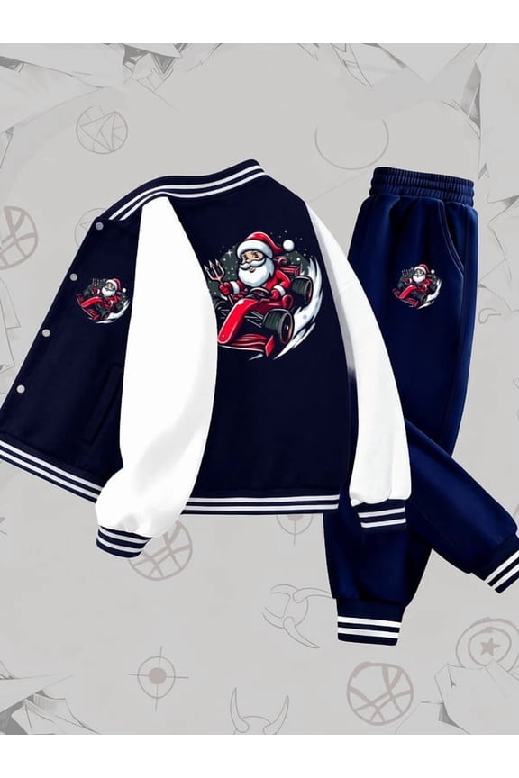 Santa Racing Tracksuit Varsity Jacket set funny boy blue machine washable Loose Fit, Polyester, Machine Washable for Fall/Winter, Perfect for Outdoor funny cute embarrassed funny 3 to 10 years old