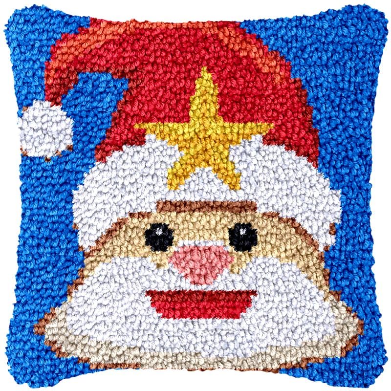 Santa Red Hat Latch Hook Pillow Cover Kits for DIY Handmade Throw Pillow Cross Stitch Latch Hook Pillowcase Rug Kits with Preprinted Color Pattern Canvas Crochet Yarn Kits 17''X 17''(bs6)