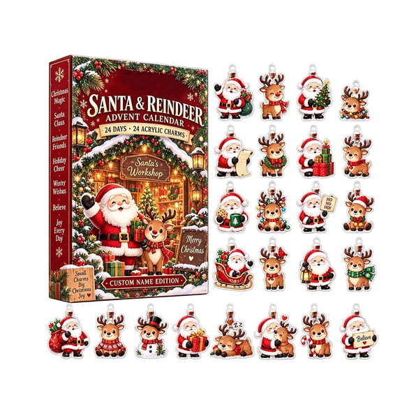 Santa Reindeer Christmas Advent Calendar 24Pcs 2D Acrylic Christmas Ornaments 24 Days Countdown Calendar Custom Name Xmas Tree Hanging Decorations