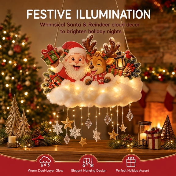Santa & Reindeer Cloud Christmas DIY Hanging LED Light, Musical Glowing Wall Decor with Snowflake & Star Pendants, Holiday Hanging Ornament for Window, Wall & Porch