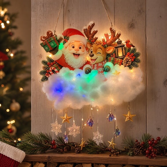 Santa & Reindeer Cloud Christmas Hanging LED Light, DIY Assembly Glowing Wall Decor with Music Player, Hanging Snowflake Star Ornaments, Holiday Wall Hanging for Indoor Window Porch Mantel
