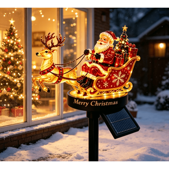 Santa & Reindeer Sleigh Solar Garden Stake Light, LED Light‑Up Christmas Outdoor Decoration with Warm Glow for Yard Lawn Walkway Patio Holiday Display