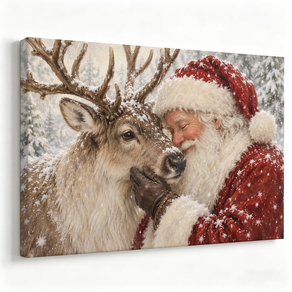 Aelyqur art Santa and Reindeer Wall Art, Tender Snowy Christmas Portrait Print in Red and Ivory, Traditional Holiday Decor for Living Room or Entryway 8×12 inch small wall art