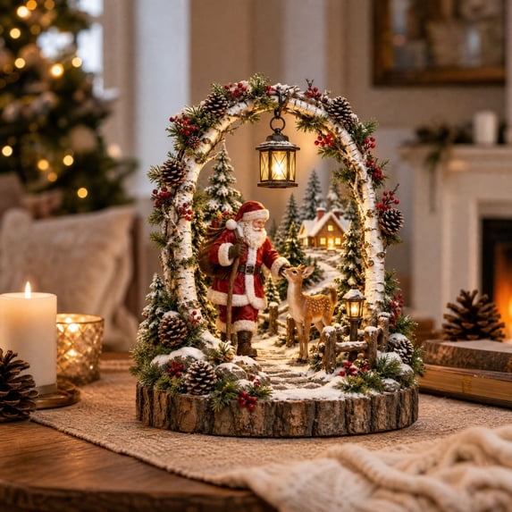 Santa Reindeer Winter Table Centerpiece Birch Arch Desktop Figurine Lighted Hanging Lantern Pinecone Berry Christmas Decor