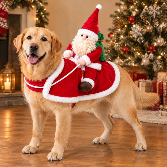 Kitten Riding Dog Santa Ride Christmas Pet Costume for Dogs Plush Santa Claus Dog Outfit ...