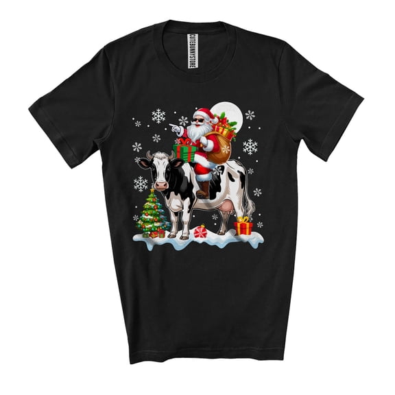 Santa Riding A Cow; Merry Christmas Cow Snowing Around; Farm Animal Farmer Family Group Unisex T-Shirt