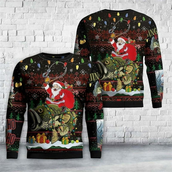 Santa Riding Bass Fish Ugly Christmas Sweater, Best Gift For Holiday, Christmas Crewneck Sweater, Christmas Winter Fashion