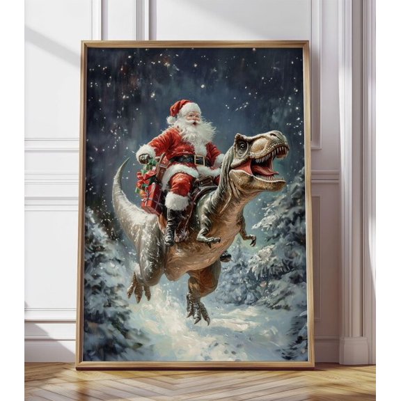 Santa Riding Dinosaur Funny Christmas Poster Size 24''x36''-Gategoo