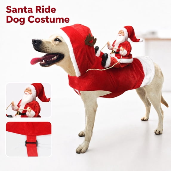 Santa Riding Dog Costume Pet Christmas Clothes Claus Rider Outfit with Hat Adjustable Band Clothes Funny Holiday Xmas Cosplay Dressing for Small Dogs Easy Pullover Soft Warm