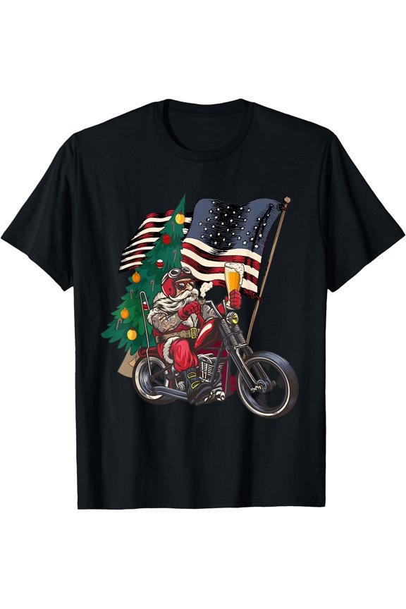 Santa Riding Motorcycle on Christmas - Biker US Flag T-Shirt