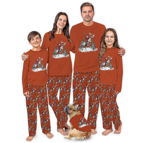 Santa Riding Reindeer Matching Family Christmas Pajamas, Western Cowboy Holiday PJs for Adults Kids and Pet, Burnt Orange
