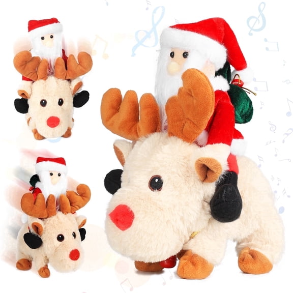 Santa Riding Reindeer Plush Toy with Music and Jingle Bells, Animated Christmas Santa Decoration for Holiday Parties Desk Decor and Gifts