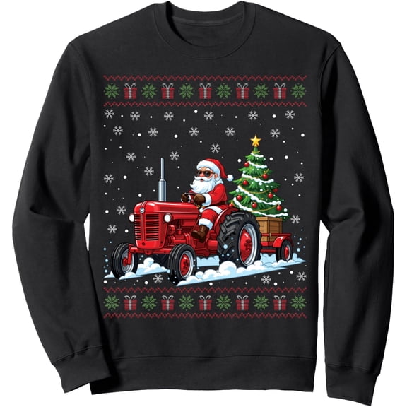 Santa Riding Tractor Merry Christmas Funny Ugly Christmas Sweatshirt