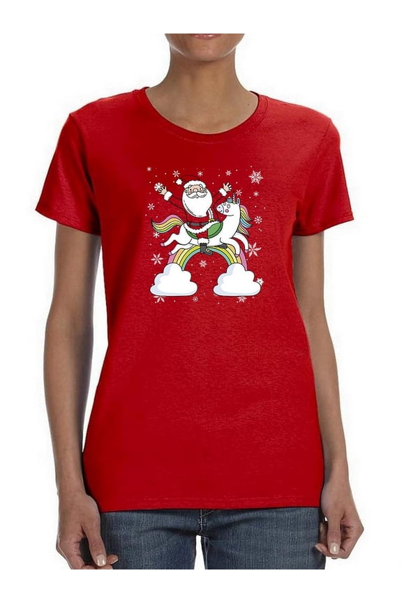 Santa Riding Unicorn T-Shirt Women -Smartprints Designs, Female x-Large