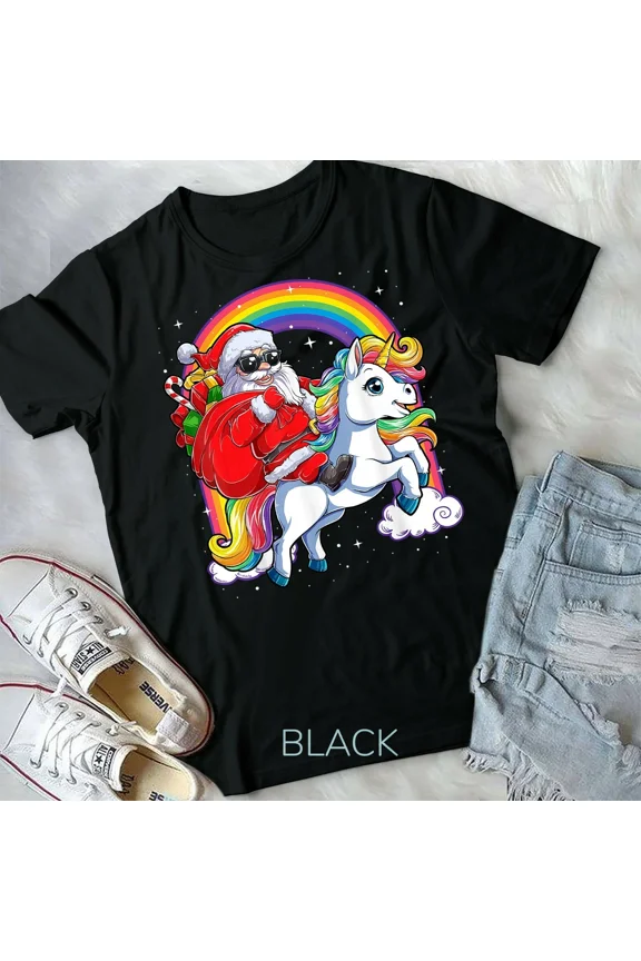 Santa Riding Unicorn Xmas Gifts Girls Women T-Shirt