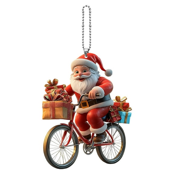 Santa Riding a Bicycle with Gift Ornament, Hanging Christmas Decoration Holiday Keepsake