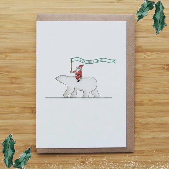 Santa Riding a Polar Bear Holiday Greeting Card, Whimsical Christmas Stationery with Customizable Banner Illustration for Friends and Family