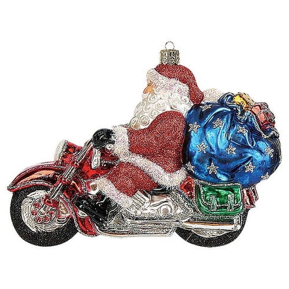 Santa Riding on Motorcycle Polish Glass Christmas Ornament Cycle Tree Decoration