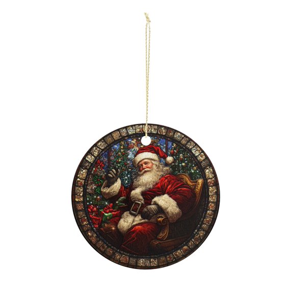 Santa in Rocking Chair Christmas ornament, Christmas decoration, holiday present idea, heirloom keepsake, round ceramic, gift Exchange, bauble present, gift idea