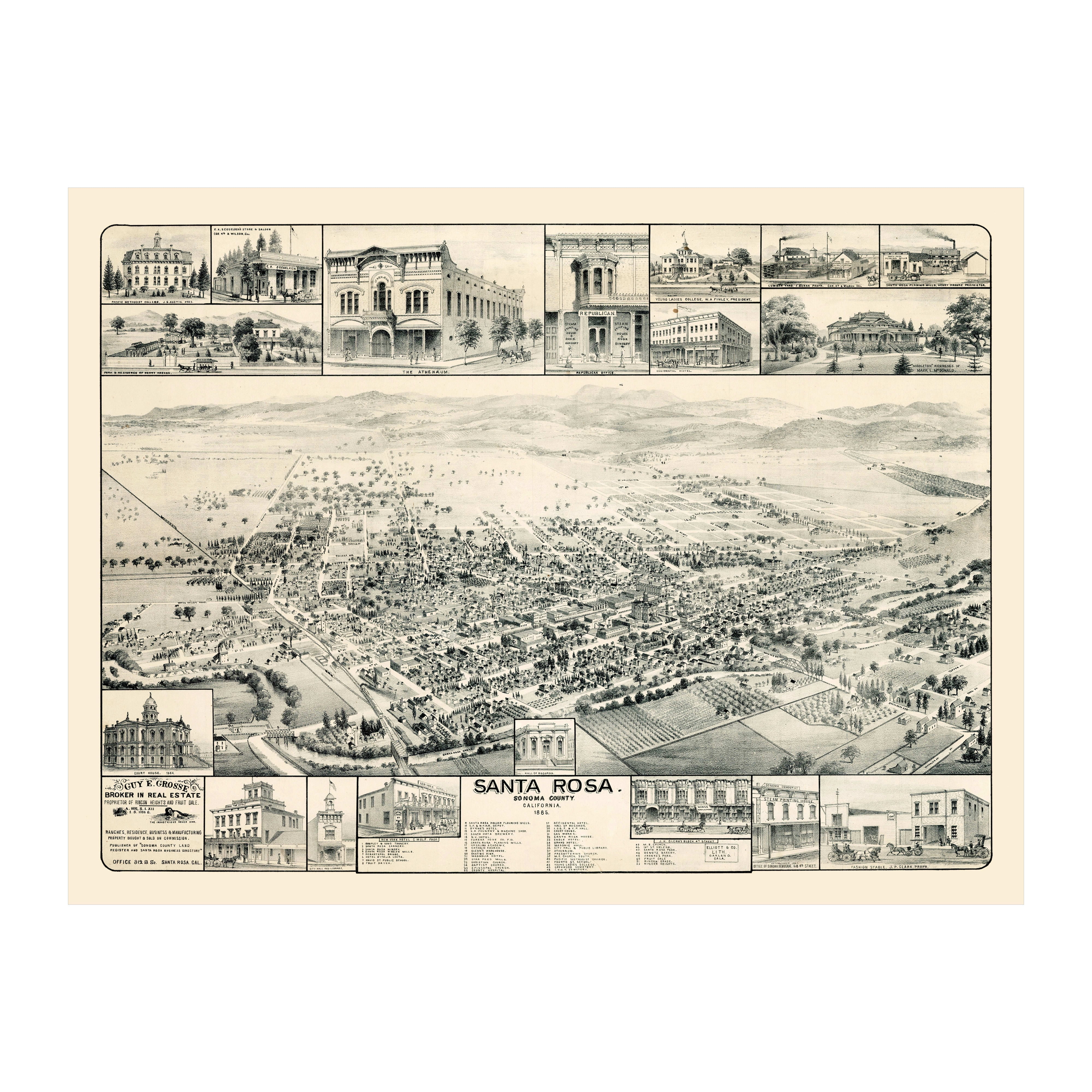Santa Rosa Art, 1885 Vintage Map of Santa Rosa California, CA History Wall  Decor Gift, Old Santa Rosa Map - 24\, image size:4000x4000