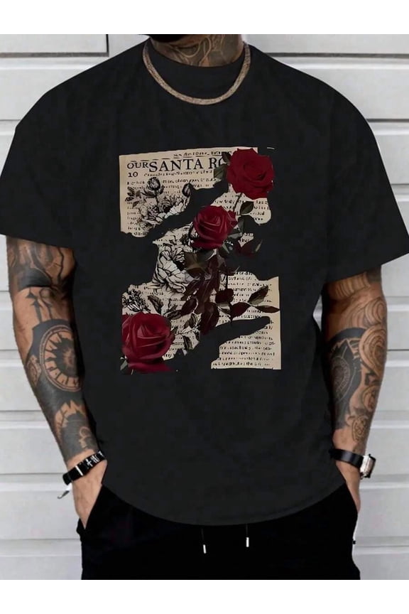 Santa Rosa Rose"Vintage Newspaper & Roses" Graphic T-Shirt - Edgy Streetwear Tee, Alternative Culture Statement Top for Men & Teens