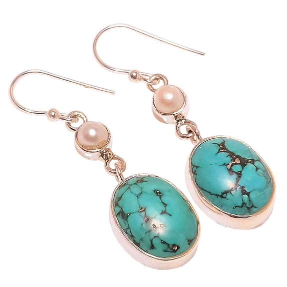 Santa Rosa Turquoise & River Pearl 925 Sterling Silver Earring Size 1.65", Dangle Handmade Earring, Compressed Turquoise Earring, Blue Earring, Gemsto