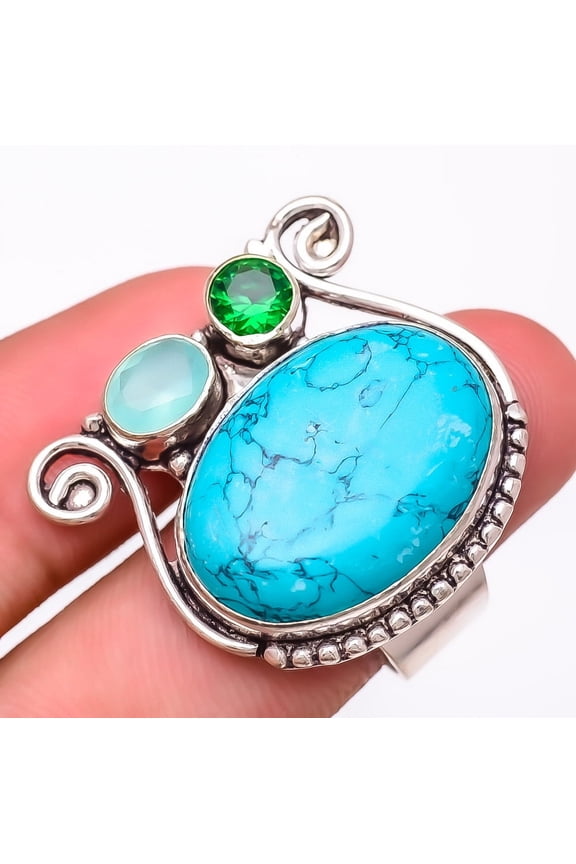 Santa Rosa Turquoise & Tsavorite 925 Sterling Silver Ring s.9 F259, Gemstone Jewelry, Birthday Gift, Christmas Gift